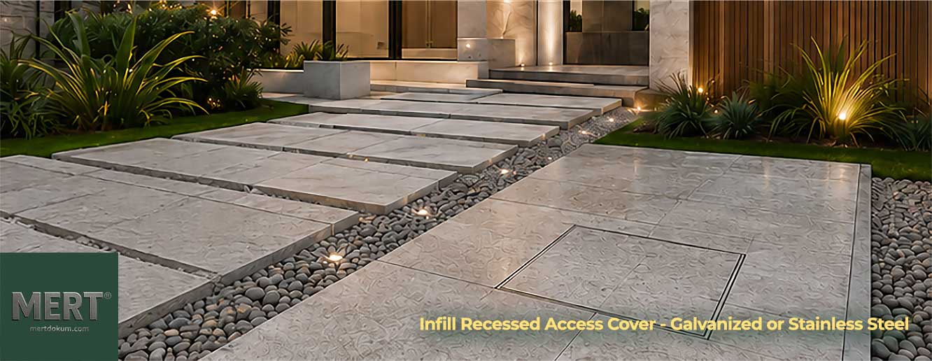 Infill recessed access cover integrated into modern stone paving and landscape flooring